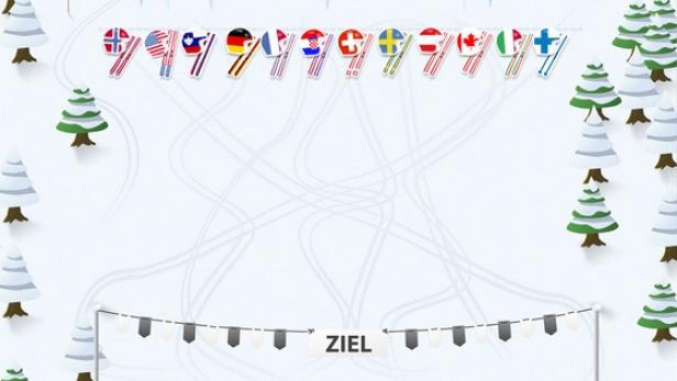 Eine winterliche Grafik für den Hotelbox-Ski-Weltcup mit Ziellinie und Länderflaggen.