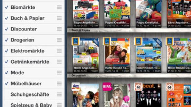 Ein Tablet-Bildschirm zeigt die „mein Kauf“-App mit verschiedenen Angebotsbroschüren.