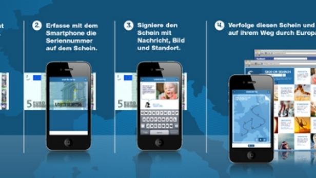 Ein Fünf-Euro-Schein wird mit einem Smartphone gescannt und signiert, um seine Reise durch Europa zu verfolgen.