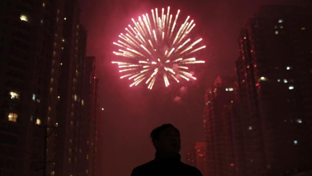 A man watches as fireworks light up the skyline of Shanghai in celebration of Chinese New Year in Shanghai early February 10, 2013. The Lunar New Year, or Spring Festival, begins on February 10 and marks the start of the Year of the Snake, according to the Chinese zodiac. REUTERS/Carlos Barria (CHINA - Tags: SOCIETY)