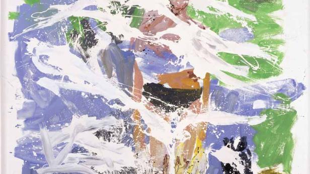 Ein Gemälde zeigt eine Person mit einem Hund, beide von weißen Farbspritzern bedeckt.