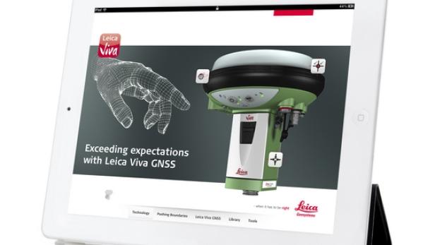 Ein iPad zeigt eine Werbung für Leica Viva GNSS mit einem 3D-Modell einer Hand und einem GNSS-Gerät.