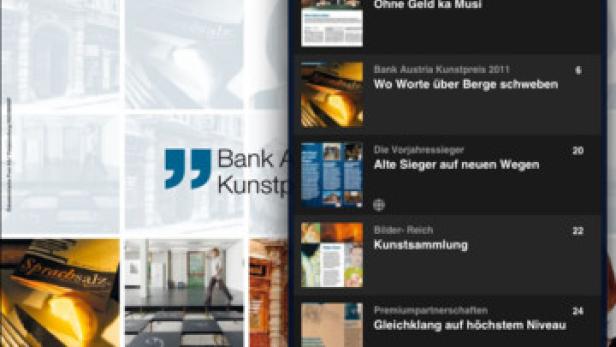 Ein Tablet zeigt das Inhaltsverzeichnis des E-Magazins der Bank Austria Kunstpreis 2011.