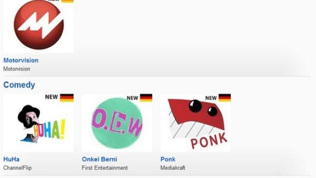 Eine Übersicht von YouTube-Originalkanälen in den Kategorien Autos, Comedy und Unterhaltung.