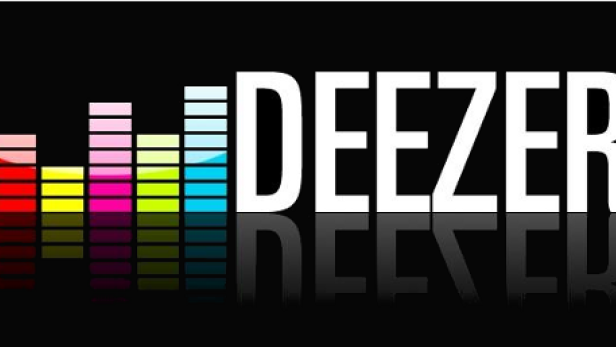Das Logo von Deezer, einem Musik-Streaming-Dienst, auf schwarzem Hintergrund.