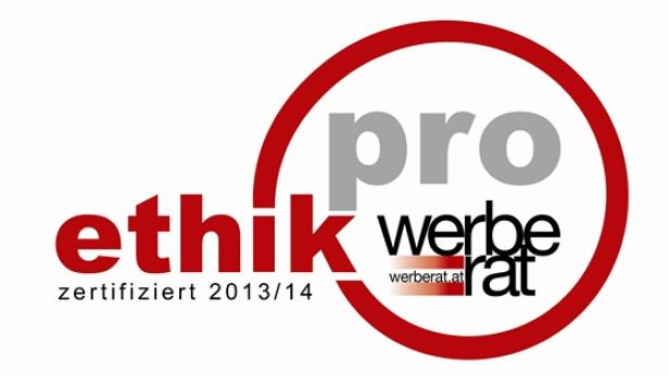 Das Logo „Ethik zertifiziert 2013/14 pro werberat.at“.