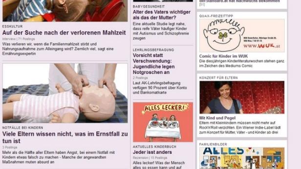 Screenshot der Webseite derStandard.at, Themenseite Familie.