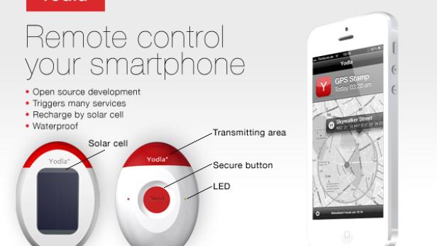 Das Yodla-Gerät zur Fernsteuerung eines Smartphones mit Solarladefunktion und GPS-Ortung wird dargestellt.