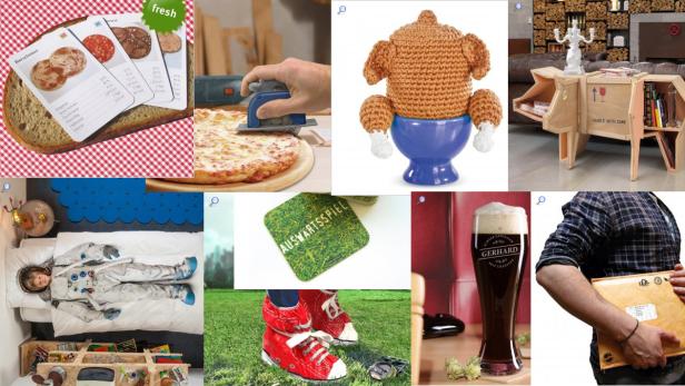 Collage verschiedener Bilder, darunter Essen, ein Kind im Astronautenkostüm und ein Bierglas.