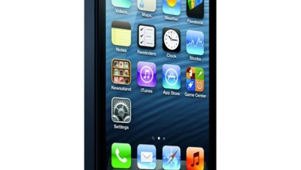 Ein schwarzes iPhone 5 zeigt den Startbildschirm mit verschiedenen Apps.