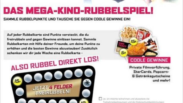 Werbung für ein Kino-Rubbelspiel mit der Möglichkeit, tolle Preise zu gewinnen.