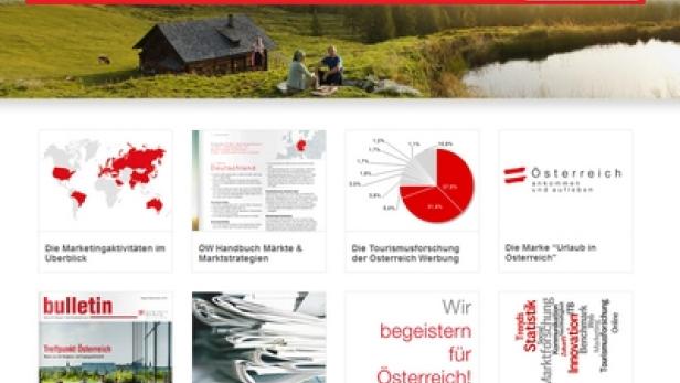 Die Webseite der Österreich Werbung mit einer Szene in den Bergen.