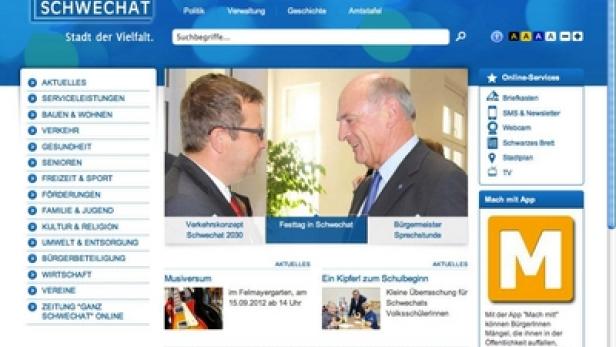 Die Webseite der Stadtgemeinde Schwechat mit verschiedenen Menüpunkten und aktuellen Meldungen.