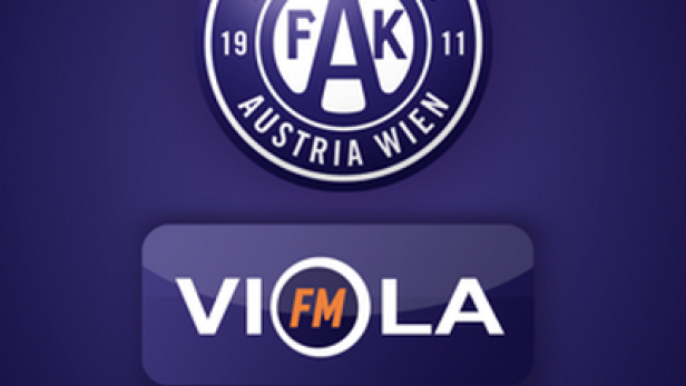 Das Logo des Fussballklubs Austria Wien und ein Hinweis auf den „Viola FM“ Live-Audiostream.
