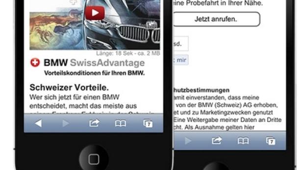 IQ mobile setzte für BMW Schweiz einen mobilen Kampagnen-Flight mit den üblichen QR-Codes und einer Landingpage in Responsive Design, wodurch sich die dargestellten Inhalte automatisch an Browsergrössen anpassen, ein (c: iq mobile)