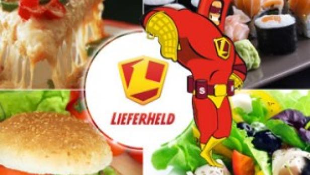 Collage mit Pizza, Sushi, Salat und Burger, überlagert von einem Lieferheld-Logo und einer Comicfigur.