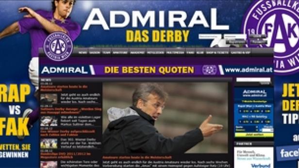Eine Webseite von Admiral wirbt für Wetten auf das Wiener Derby zwischen Rapid und Austria Wien.