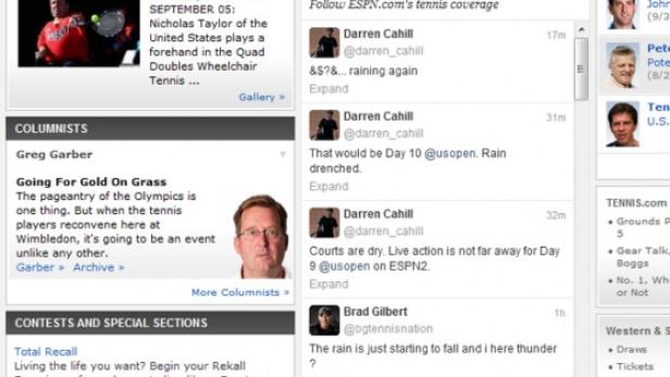 Ein Screenshot einer ESPN Tennis Webseite mit Tweets und Artikeln.