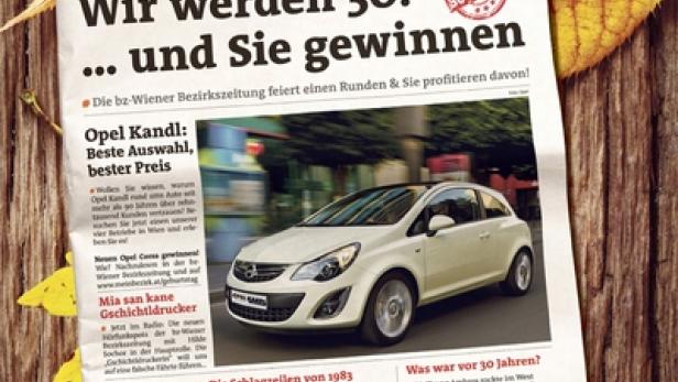 Eine Titelseite der „Wiener Bezirkszeitung“ mit einer Anzeige für Opel Kandl vor herbstlichem Hintergrund.