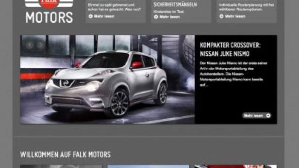 Die Webseite von Falk Motors mit dem Nissan Juke Nismo als Titelthema.