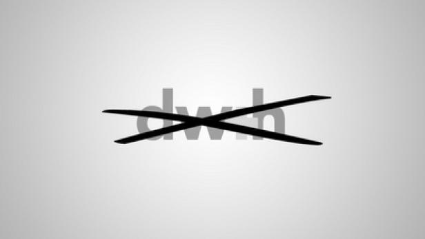 Das Logo „dwh“ ist mit zwei schwarzen Linien durchgestrichen.