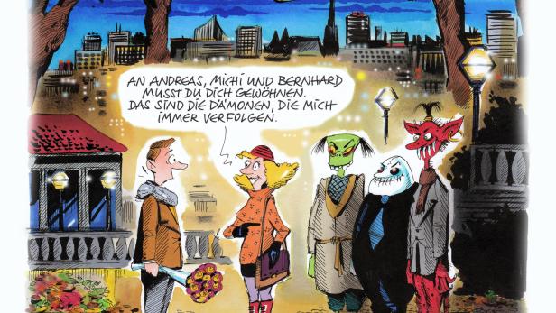 Ein Cartoon zeigt einen Mann mit Blumen, eine Frau und drei Dämonen vor einer Stadtkulisse.