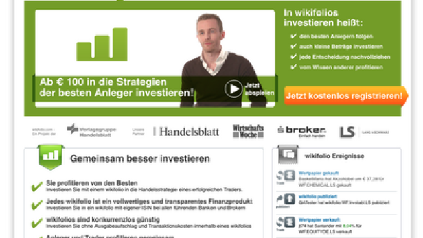 Screenshot der Wikifolio-Website, die Investitionen in Strategien ab 100 Euro bewirbt.
