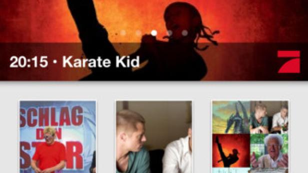 Ein App-Bildschirm zeigt „Karate Kid“ und „Schlag den Star“.