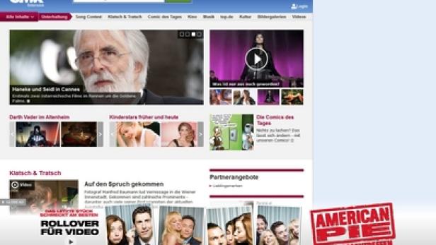 Die GMX-Startseite mit Nachrichten und Werbung für „American Pie: Das Klassentreffen“.
