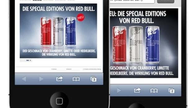 Zwei iPhones zeigen die Website von Red Bull mit Werbung für „Die Special Editions“.