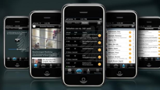 Mehrere iPhones zeigen eine App des Deutschen Bundestags.