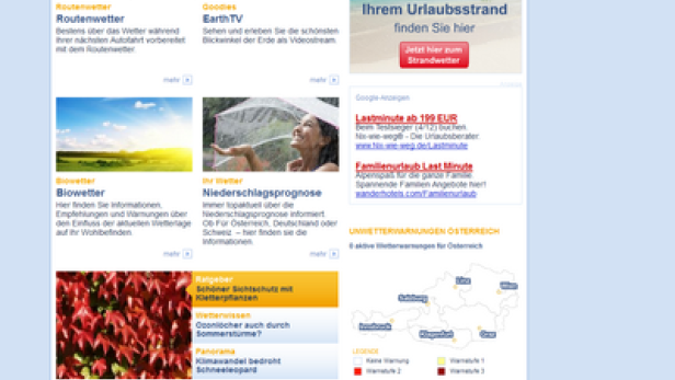 Die Webseite wetter.com mit Wettervorhersagen für Österreich.