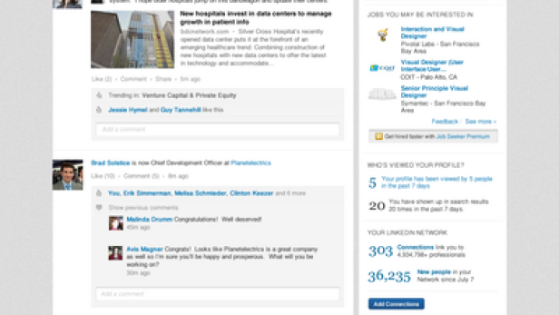 Ein Screenshot der LinkedIn-Webseite mit verschiedenen Beiträgen und Informationen.