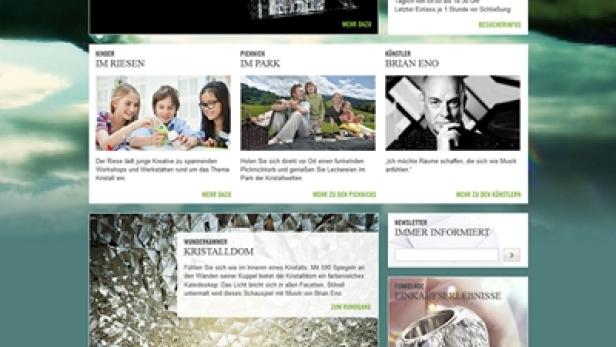 Die Webseite der Swarovski Kristallwelten mit verschiedenen Attraktionen und Informationen.