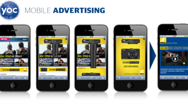 Fünf iPhones zeigen eine mobile Werbekampagne für Nikon Kameras.