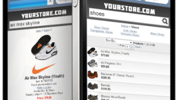 Zwei iPhones zeigen eine Website zum Online-Schuhkauf.