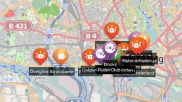 Ein Screenshot einer Karten-App mit verschiedenen Ortsmarkierungen in Hamburg.