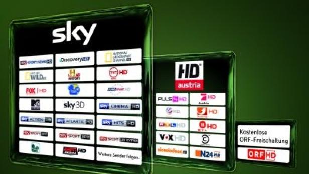Logos verschiedener Fernsehsender, die über Sky und andere Anbieter empfangen werden können.