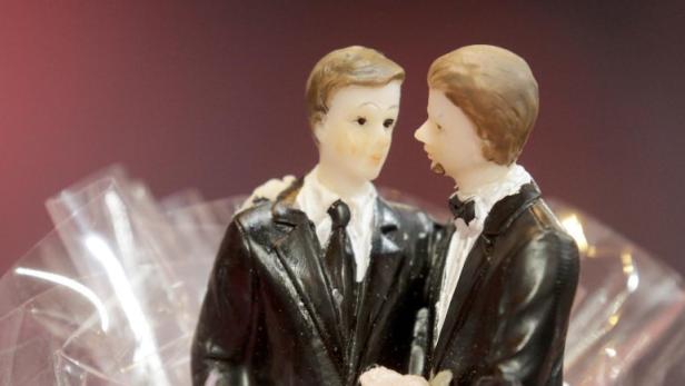 Plastic figurines depicting a male same-sex married couple are displayed during a wedding show in Strasbourg January 6, 2013. Picture taken January 6, 2013. REUTERS/Jean-Marc Loos (FRANCE - Tags: POLITICS SOCIETY)