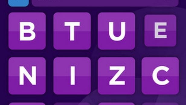 Ein Screenshot des Wortspiels „Mindshare Mindshaker“ auf einem violetten Bildschirm.