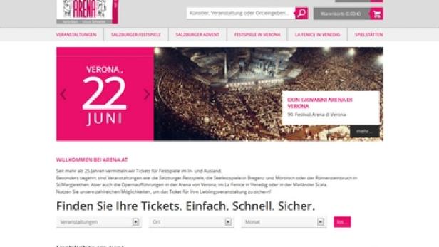 Die Webseite Arena.at mit Informationen zu Veranstaltungen in der Arena von Verona.