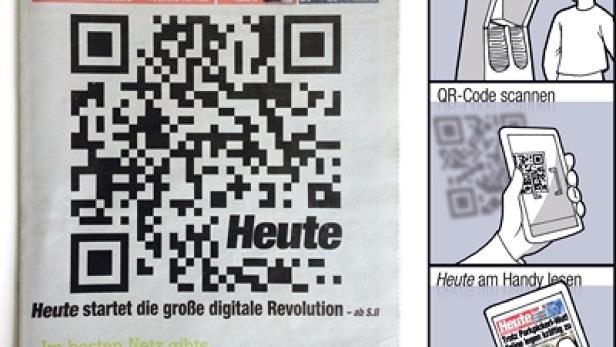 Eine Titelseite der Zeitung „Heute“ mit einem großen QR-Code und Illustrationen zur Nutzung.