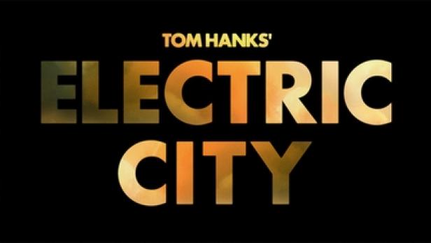 Das Logo von Tom Hanks' „Electric City“ vor einem schwarzen Hintergrund.