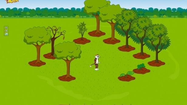 Ein Cartoon-Tiger steht auf einer grünen Wiese, umgeben von Bäumen und Pflanzen.