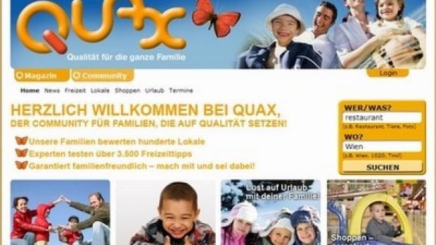 Die Webseite Quax, eine Community für Familien, mit Suchfunktion und verschiedenen Themenbereichen.