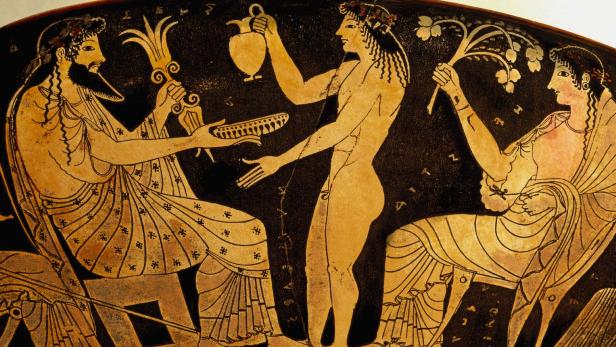 Die Götter Zeus und Hestia mit Ganymed als Mundschenk finden sich hier als Figuren auf einer Trinkschale. Datiert wird die Malerei ca. 510 vor Christi, ausgestellt ist sie im Nationalmuseum von Tarquinia.