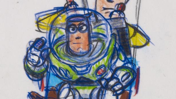 Eine Skizze von Buzz Lightyear, der auf einem Wagen sitzt, mit Woody, der dahinter steht.