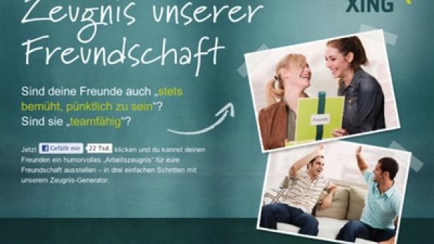 Eine Werbung von Xing, die Freundschaft und humorvolle Arbeitszeugnisse thematisiert.