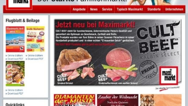 Die Webseite von Maximarkt mit Werbung für „Cult Beef“.