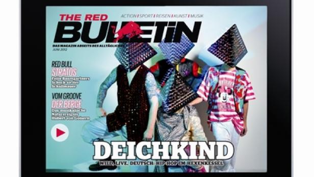 Das Cover des „Red Bulletin“ Magazins mit der Band Deichkind, deren Gesichter von Pyramiden verdeckt werden.